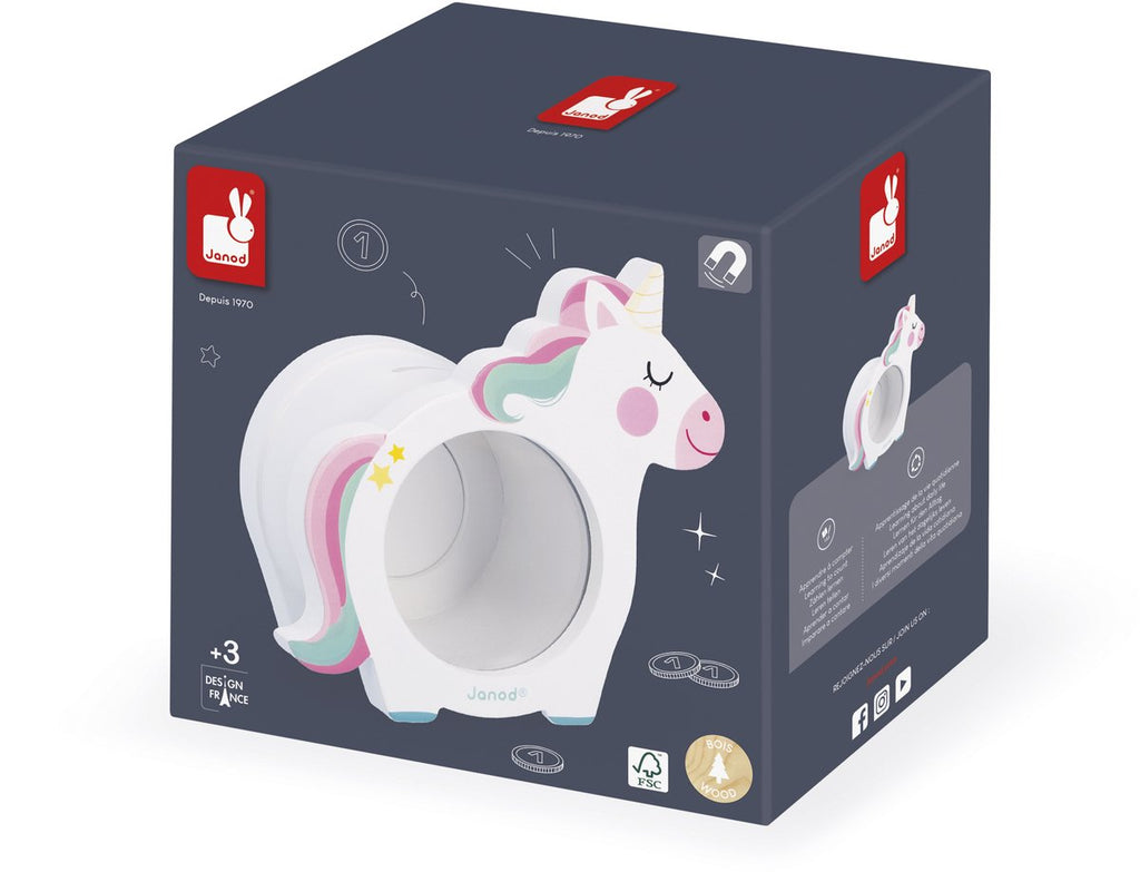 Janod - Unicorn - Houten spaarpot met transparante voorkant