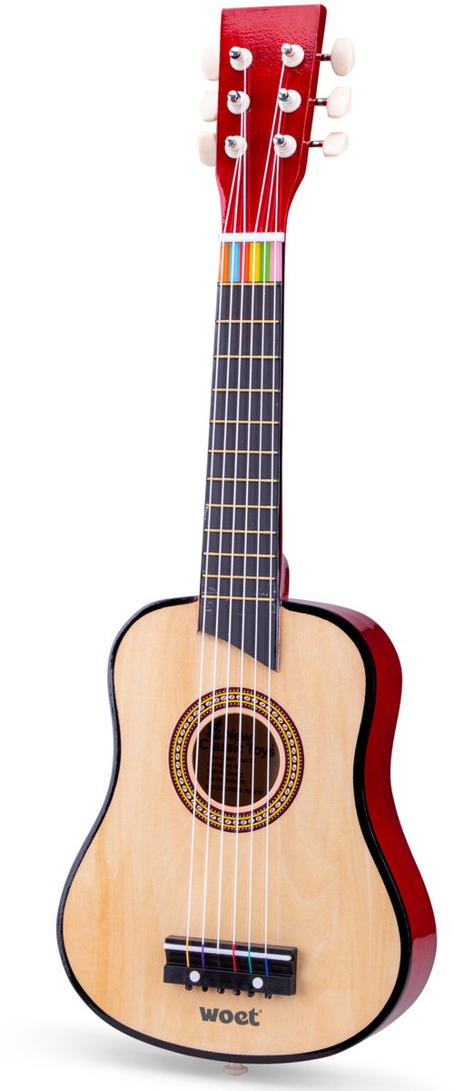 Woet® Wooden Toy Guitar with Strap - Brown / Natural - Toy Instrument - My First Guitar Including Music Booklet - Toy Guitar for Kids - From 3 Years Old