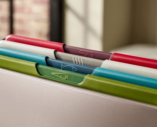 Joseph Joseph Folio™ Snijplankenset 4-delig – Medium – Multikleur – Kleurgecodeerd – Met Opbergstand – RVS Handgrepen