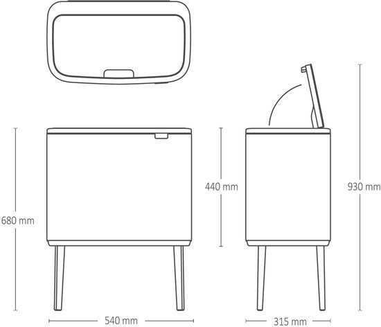 Brabantia Bo Touch Bin 3 x 11 liter – afmetingen