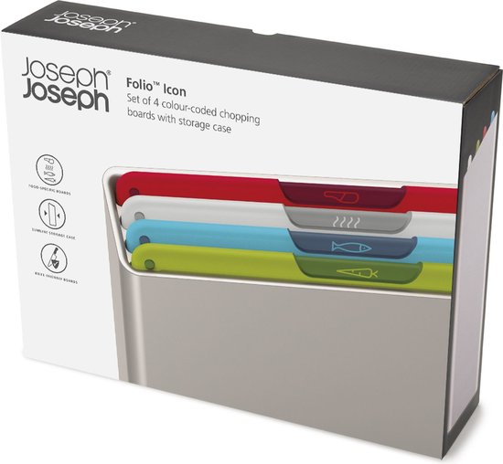 Joseph Joseph Folio™ Snijplankenset 4-delig – Medium – Multikleur – Kleurgecodeerd – Met Opbergstand – RVS Handgrepen