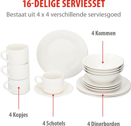 alpina 16-delig Ontbijtservies - 4 Borden - 4 Kommen - 4 Koppen - 4 Schotels - Aardewerk - Wit