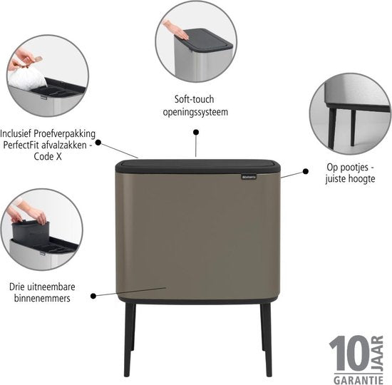 Brabantia Bo Touch Bin 3 x 11 liter Platinum – kenmerken