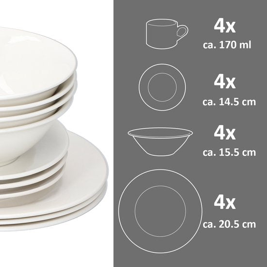 alpina 16-delig Ontbijtservies - 4 Borden - 4 Kommen - 4 Koppen - 4 Schotels - Aardewerk - Wit