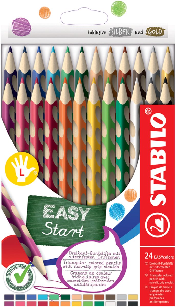 STABILO EASYcolors - Ergonomic Coloured Pencils - Left-handed - Extra Thick 4.2 mm Lead - Set of 12 Colours