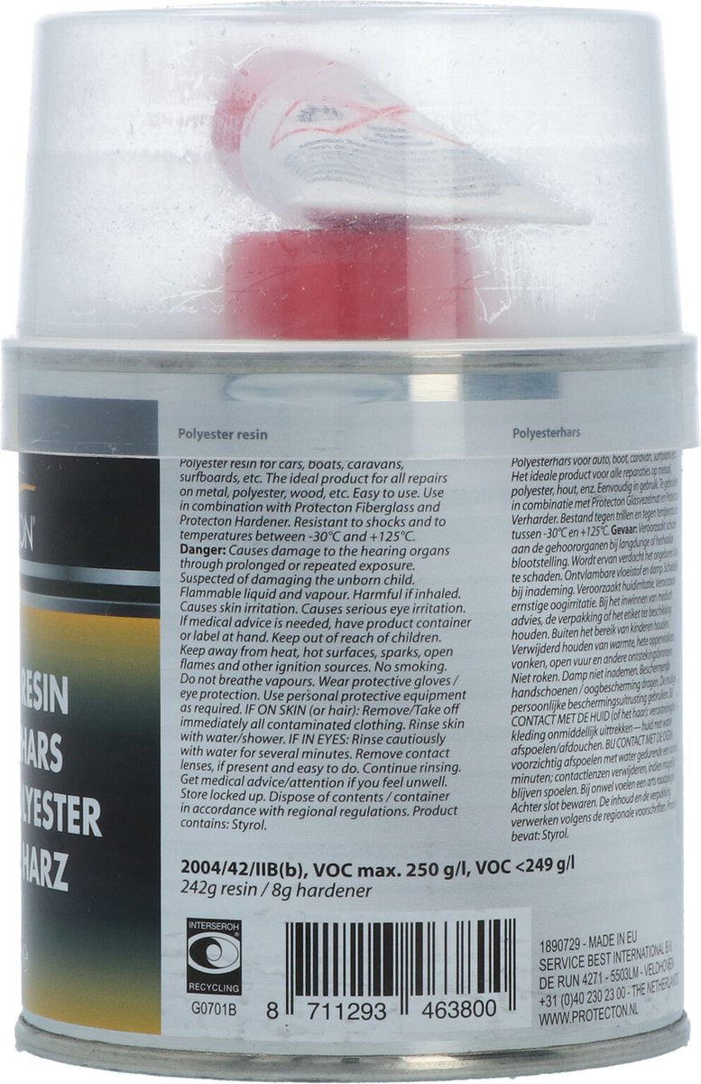 Protecton Polyesterhars - Voor herstellen en dichten van gaten – Toepasbaar op van staal, aluminium, hout, beton en polyester - Elastisch en bestand tegen chemicaliën - Uitstekende hechting - Met tube verharder – 250 gram