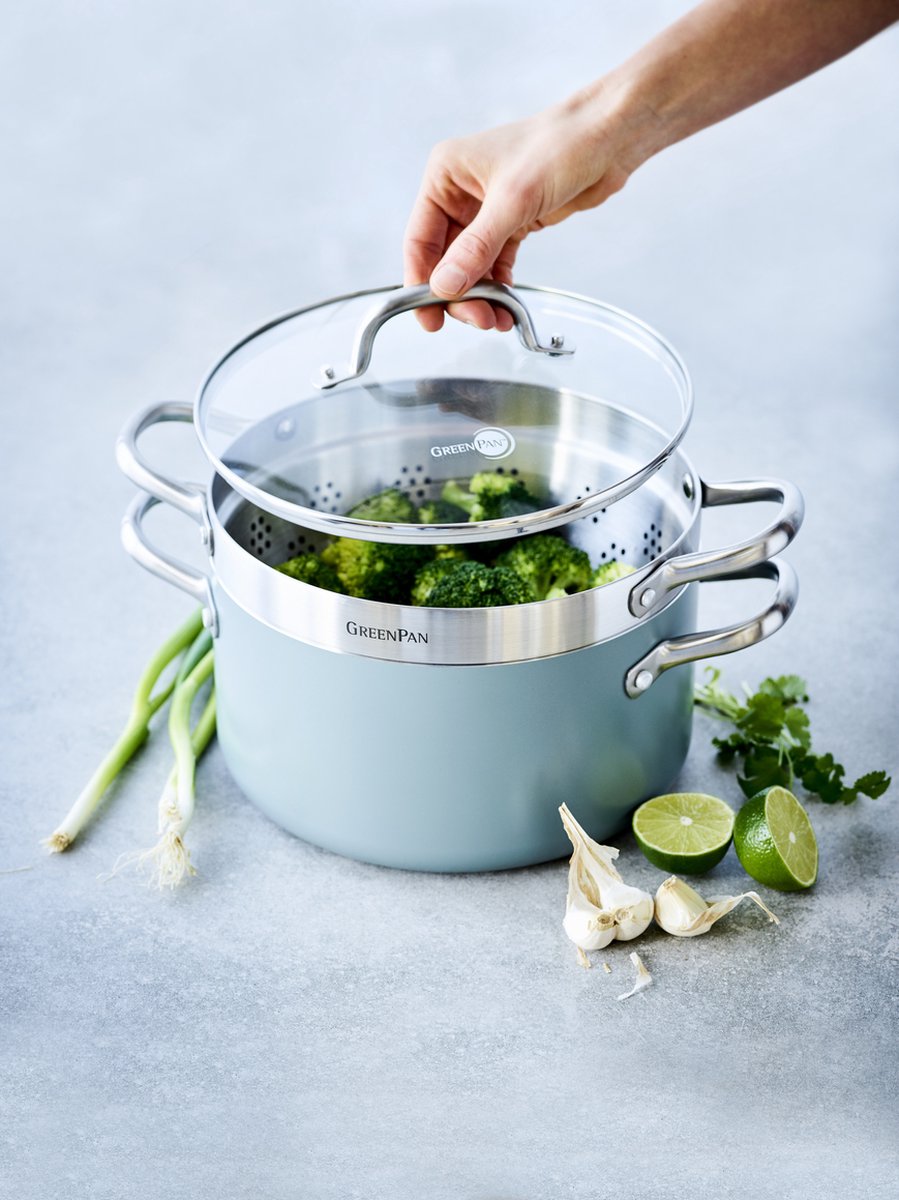 GreenPan Mayflower Koekenpannenset 13-delig - 13/18/20/24/28cm - 1.6/2.6L - PFAS-vrije antikleeflaag - Pannenset inductie - Keramische pan - Niet ovenbestendig - Koudgrepen - Blauw