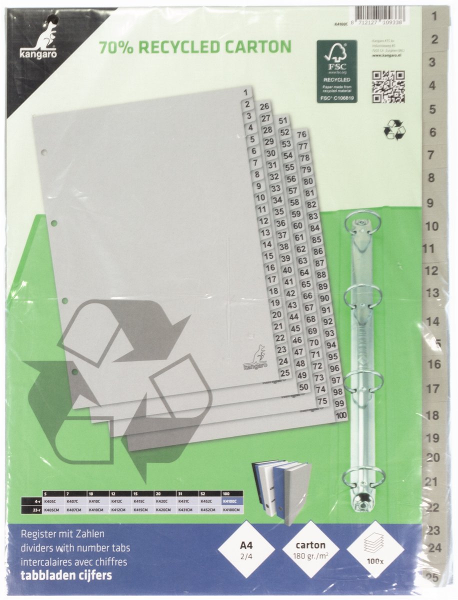 Kangaro tabbladen - A4 - cijfers 100-delig - ECO karton 180 grams - 4-gaats