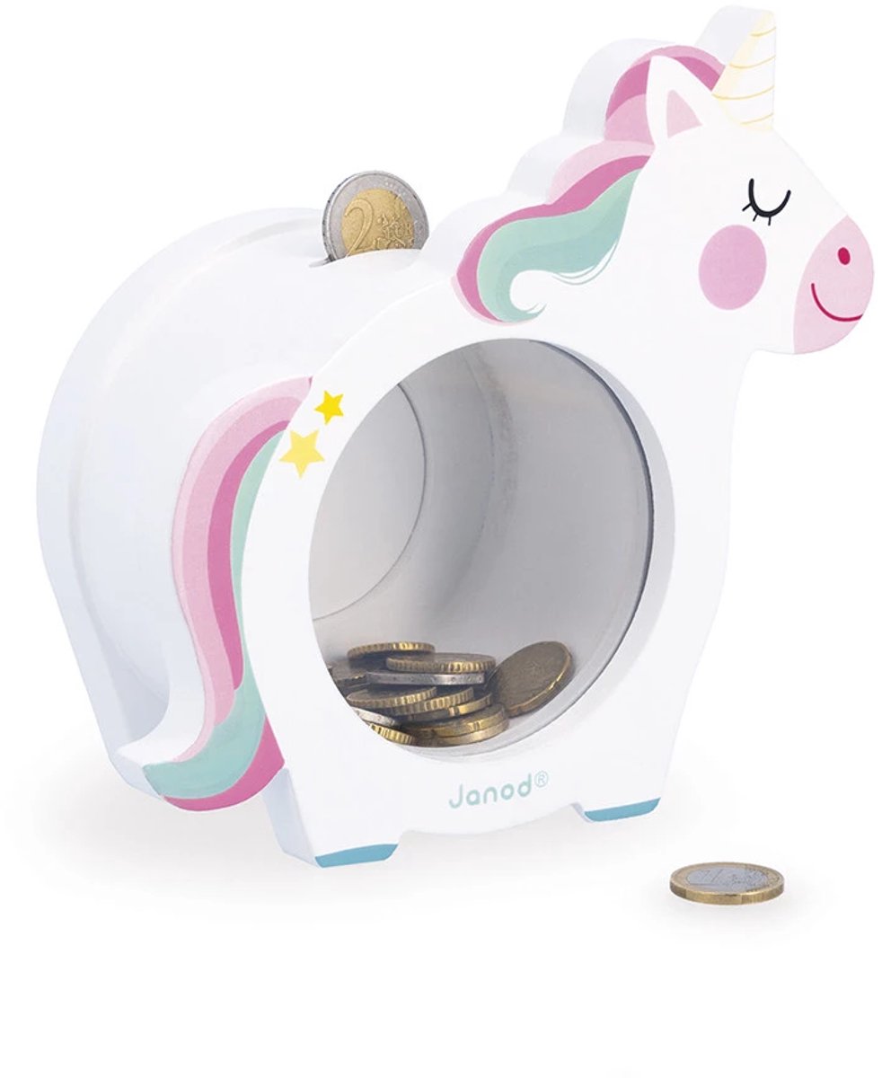 Janod - Unicorn - Houten spaarpot met transparante voorkant