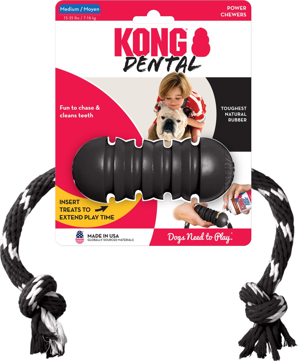 Kong Exterme Dental met Touw - Zwart Wit - 12 x 5 x 5 cm
